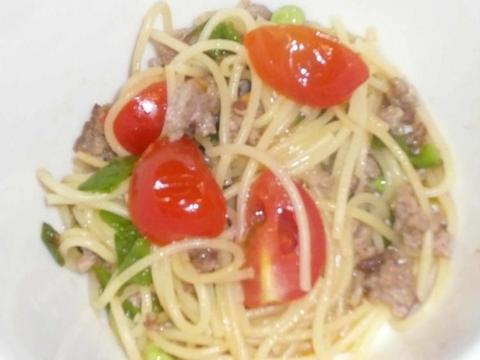 挽肉とえんどう豆のお手軽パスタ