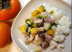 Stir-fried chicken, turnips, and persimmons