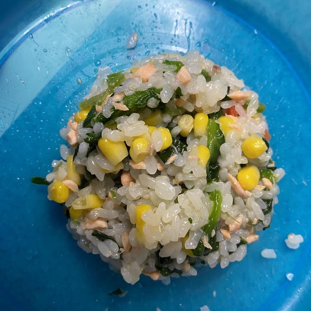 サーモンとほうれん草、コーンのおじや